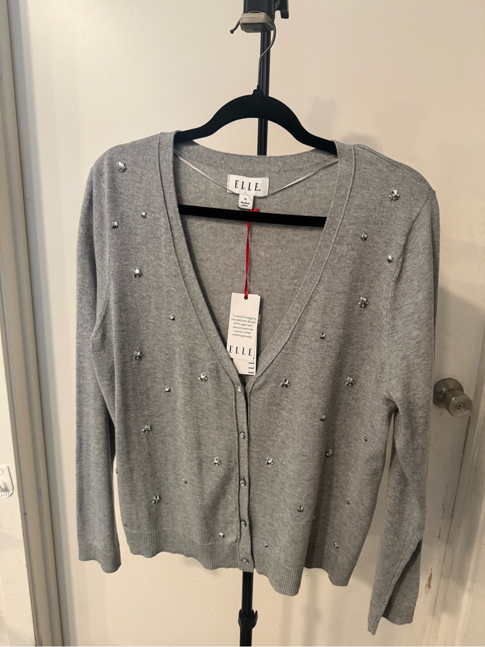 ELLE Silver-Gray V-Neck Embellished Cardigan